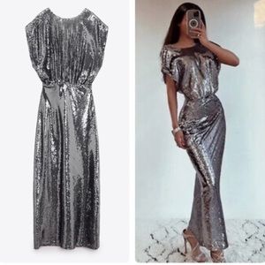 NWT ZARA LONG SILVER SEQUIN DRESS